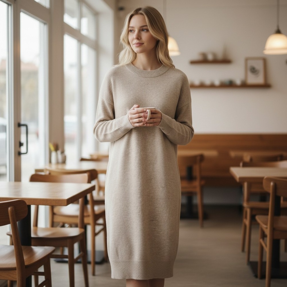 Nordstrom Wool Cashmere Blend Crewneck Sweater Dress Tan SM
MIDI Long Sleeve